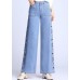 Natural Light Blue Embroideried Pockets Draping Cotton Women's Straight Pants Spring