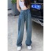 Modern Blue High Waist Draping Pockets Cotton Denim Wide Leg Pants Summer