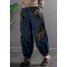 Women Denim Blue Elastic Waist Embroideried Pockets Cotton Harem Pants Spring