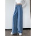 Plus Size Blue Original Design Elastic Waist Pockets Cotton Denim Wide Leg Pants Summer