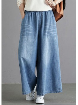 Organic Light Blue Elastic Waist Pockets Cotton Wide Leg Denim Pants Spring