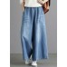 Organic Light Blue Elastic Waist Pockets Cotton Wide Leg Denim Pants Spring