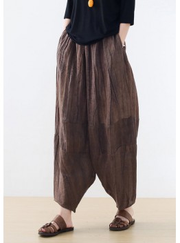 Original Design Coffee Elastic Waist Linen Harem Pants Summer