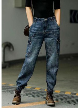 Style Blue Original Design Pockets Patchwork Cotton Denim Beam Pants Spring