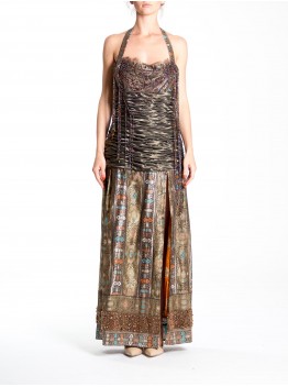 MORPHEW ATELIER Haute Couture Beaded Gown With High Slit Made From Antique Indian Sari Silk Woven Metal Fibers