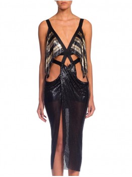 MORPHEW ATELIER Black & Gold Metal Mesh Satin Ribbon Bondage Strap Cutout Cocktail Dress