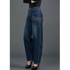 Bohemian Blue High Waist Flatering Zip Up Pockets Cotton Denim Pants Summer