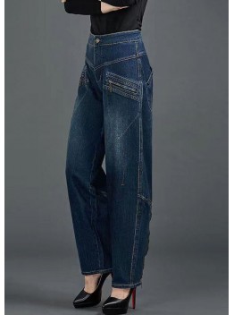 Bohemian Blue High Waist Flatering Zip Up Pockets Cotton Denim Pants Summer