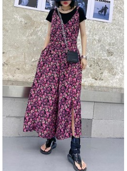 Suspender jumpsuit female summer high waist printed chiffon long casual jumpsuit