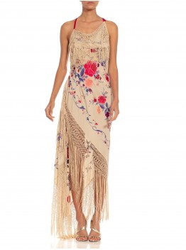 MORPHEW COLLECTION Beige Bias Cut Fringed Dress Made From 1920S Hand-Embroidered Silk