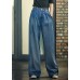 Elegant Denim Blue High Waist Pockets Button Cotton Loose Wide Leg Pants Spring