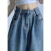 Chic Vintage Blue High Waist Draping Cotton Denim Wide Leg Pants Summer