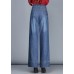 Fitted Navy High Waist Draping Pockets Cotton Denim Wide Leg Pants Summer