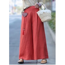 Unique Red wrinkled Embroideried Pendant Linen wide leg Pants Spring