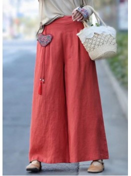 Unique Red wrinkled Embroideried Pendant Linen wide leg Pants Spring