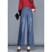 Fitted Navy High Waist Draping Pockets Cotton Denim Wide Leg Pants Summer