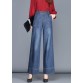 Fitted Navy High Waist Draping Pockets Cotton Denim Wide Leg Pants Summer