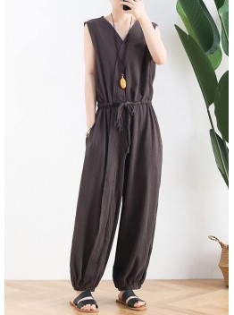 Korean version of the thin wide-leg jumpsuit female summer cotton and linen loose fashion chocolate nine points jumpsuit