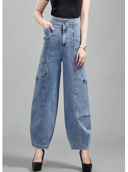 Fashion Light Blue Pockets Patchwork Cotton Denim Lantern Pants Trousers Spring