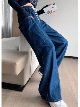 French Solid Navy Elastic Waist Big Pockets Cotton Wide Leg Pants Summer