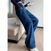 French Solid Navy Elastic Waist Big Pockets Cotton Wide Leg Pants Summer