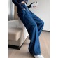 French Solid Navy Elastic Waist Big Pockets Cotton Wide Leg Pants Summer