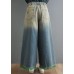 Plus Size Blue High Waist Hole Pockets Tassel Cotton Denim Wide Leg Pants Spring