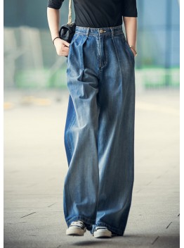 Elegant Denim Blue High Waist Pockets Button Cotton Loose Wide Leg Pants Spring