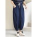 Women Navy Solid Elastic Waist drawstring Pockets Cotton Denim Beam Pants Summer