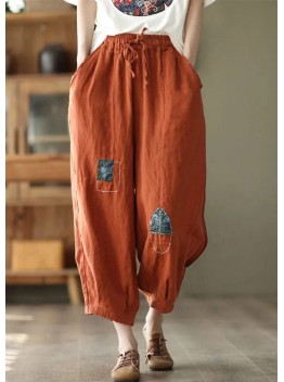 Orange Pockets Tie Waist Linen Harem Pants Summer