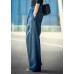 Elegant Denim Blue High Waist Pockets Button Cotton Loose Wide Leg Pants Spring