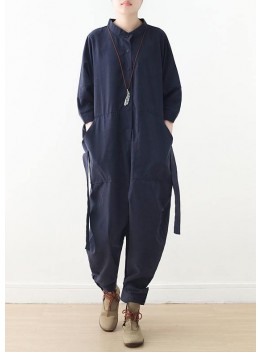 2021 new original design blue literature and art retro women's loose and thin lace-up drawstring one-piece work pants