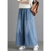 Organic Light Blue Elastic Waist Pockets Cotton Wide Leg Denim Pants Spring