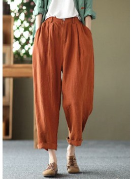 Bohemian Orange High Waist Pockets Original Design Linen Harem Pants Summer