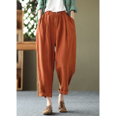 Bohemian Orange High Waist Pockets Original Design Linen Harem Pants Summer