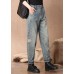 Casual Blue High Waist Button Pockets Patchwork Cotton Denim Pants Summer