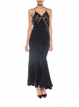MORPHEW COLLECTION Black Bias Cut Silk Crepe De Chine Backless Gown With Edwardian Beaded Lace