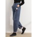 Simple Blue Grey High Waist Patch Zip Up Pockets Cotton Denim Pants Summer