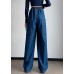 French Solid Navy Elastic Waist Big Pockets Cotton Wide Leg Pants Summer