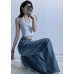 Chic Vintage Blue High Waist Draping Cotton Denim Wide Leg Pants Summer