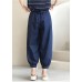 Women Navy Solid Elastic Waist drawstring Pockets Cotton Denim Beam Pants Summer