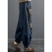 Women Denim Blue Elastic Waist Embroideried Pockets Cotton Harem Pants Spring