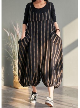 Spring plus size plus fertilizer to increase bloomers striped cotton and linen jumpsuit