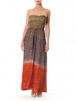 MORPHEW COLLECTION Hand Dyed Shibori Silk & Metalilc Gold Indian Embroidered Strapless Gown