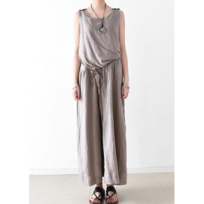 Spring Women Cotton Hemp Loose Wide Leg Jumpsuit Casual Pants