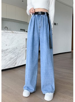 Plus Size Blue Original Design Elastic Waist Pockets Cotton Denim Wide Leg Pants Summer