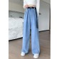 Plus Size Blue Original Design Elastic Waist Pockets Cotton Denim Wide Leg Pants Summer