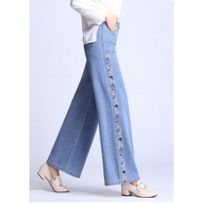 Natural Light Blue Embroideried Pockets Draping Cotton Women's Straight Pants Spring