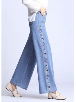 Natural Light Blue Embroideried Pockets Draping Cotton Women's Straight Pants Spring