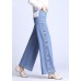 Natural Light Blue Embroideried Pockets Draping Cotton Women's Straight Pants Spring